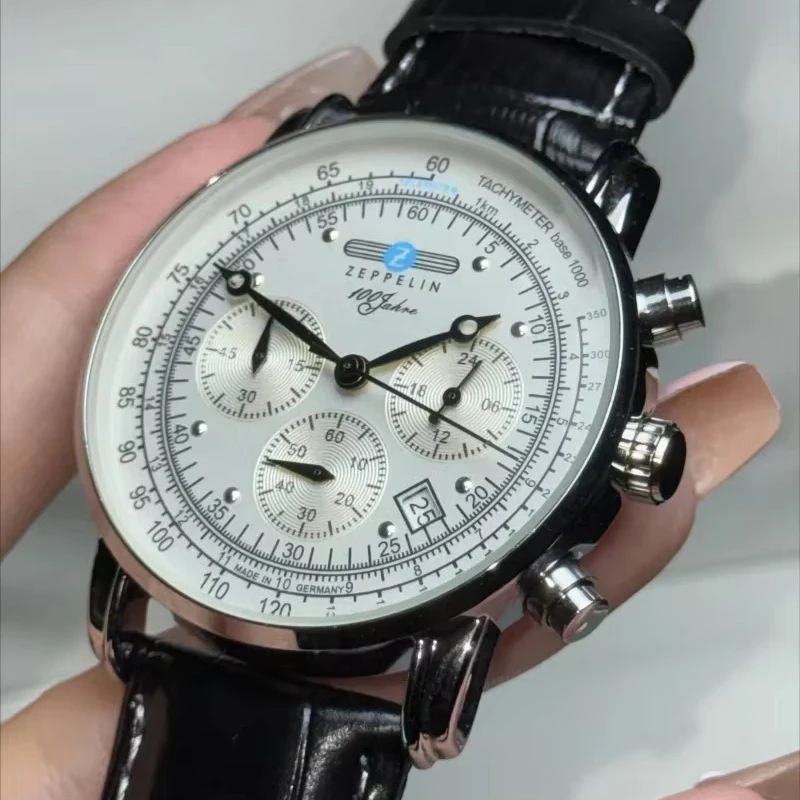 Nuevo reloj de pulsera Zeppelin con fecha automática, segundos de carrera de tres ojos, sincronización multifuncional, reloj de cuarzo para ocio y negocios para hombre