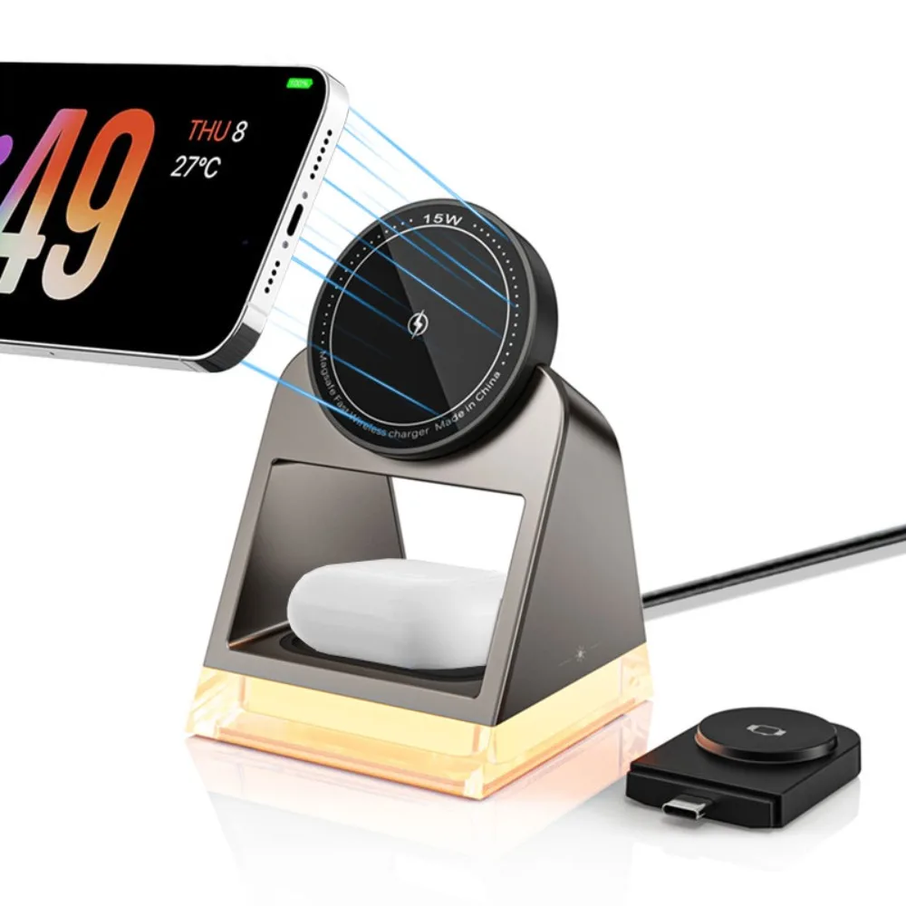 

Magnetic 3 in 1 Wireless Charger Stand LED Light For iPhone 17 16 15 14 13 12 Pro Apple Watch 2-11 SE Airpods Pro Fast Charging