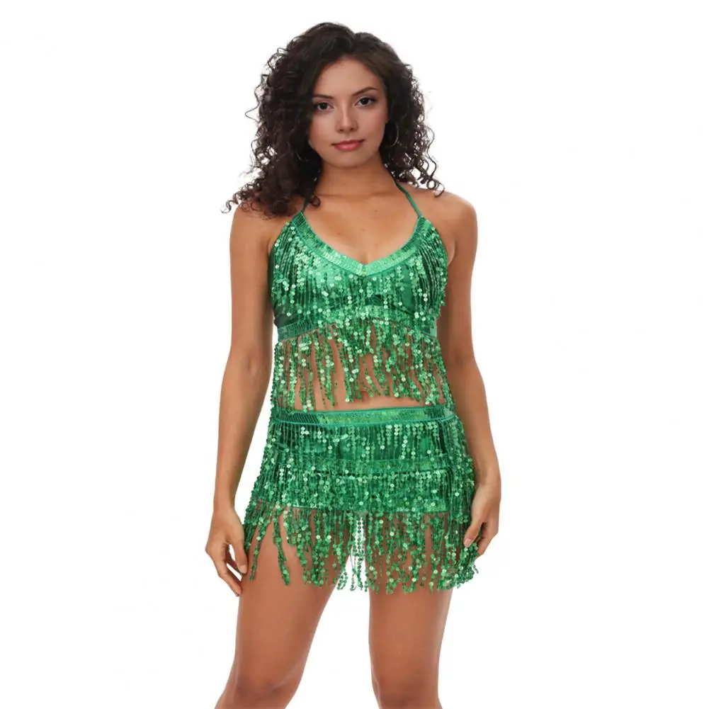 Top de baile con flecos de lentejuelas, traje de danza del vientre con lentejuelas, conjunto de traje de bailarina del vientre brillante con sujetador con borla de lentejuelas, Top con flecos para mujer