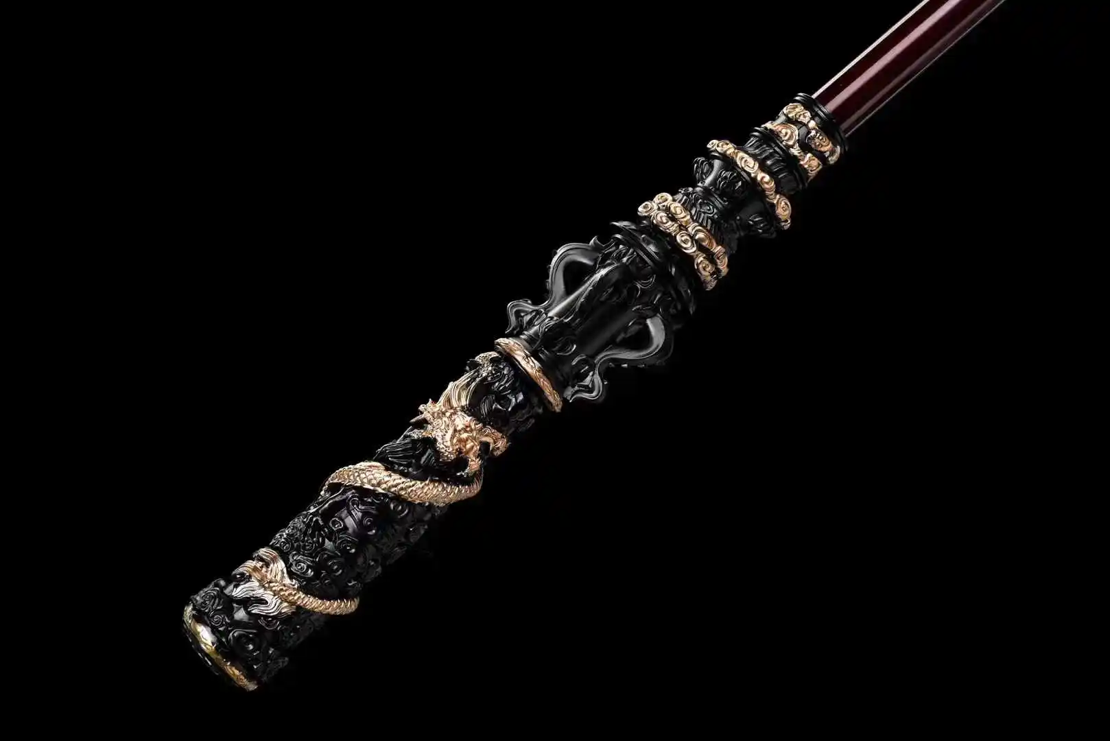 180cm Long Blackened Stainless Golden Hoop Rod w/ Alloy Dragons Wrapped Ends Black Myth Wukong King Monkey Cold Weapon Unsharp