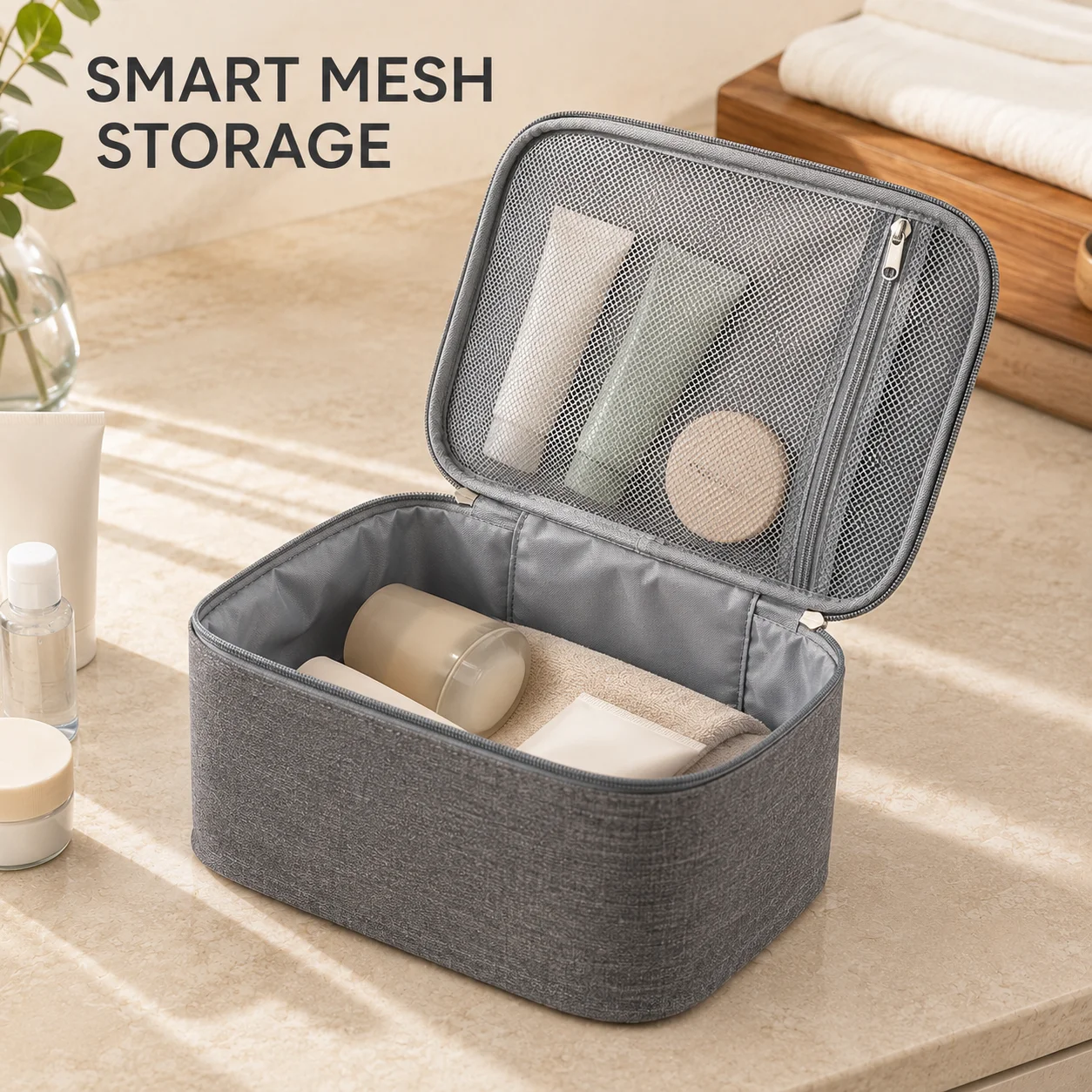 Travel Toiletry Bag Water-Resistant Oxford Fabric Makeup Organizer Cosmetic Storage Case with Mesh Pocket for Women Men
