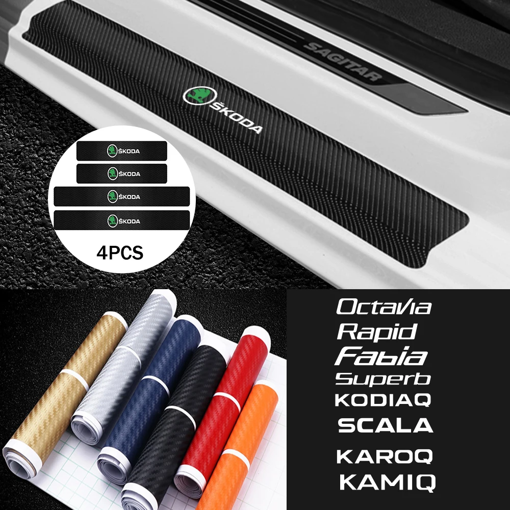 

4 шт., виниловые наклейки на порог с логотипом автомобиля, защита от царапин, аксессуары для интерьера для Skoda Kodiaq Octavia Enyaq Kamiq A5