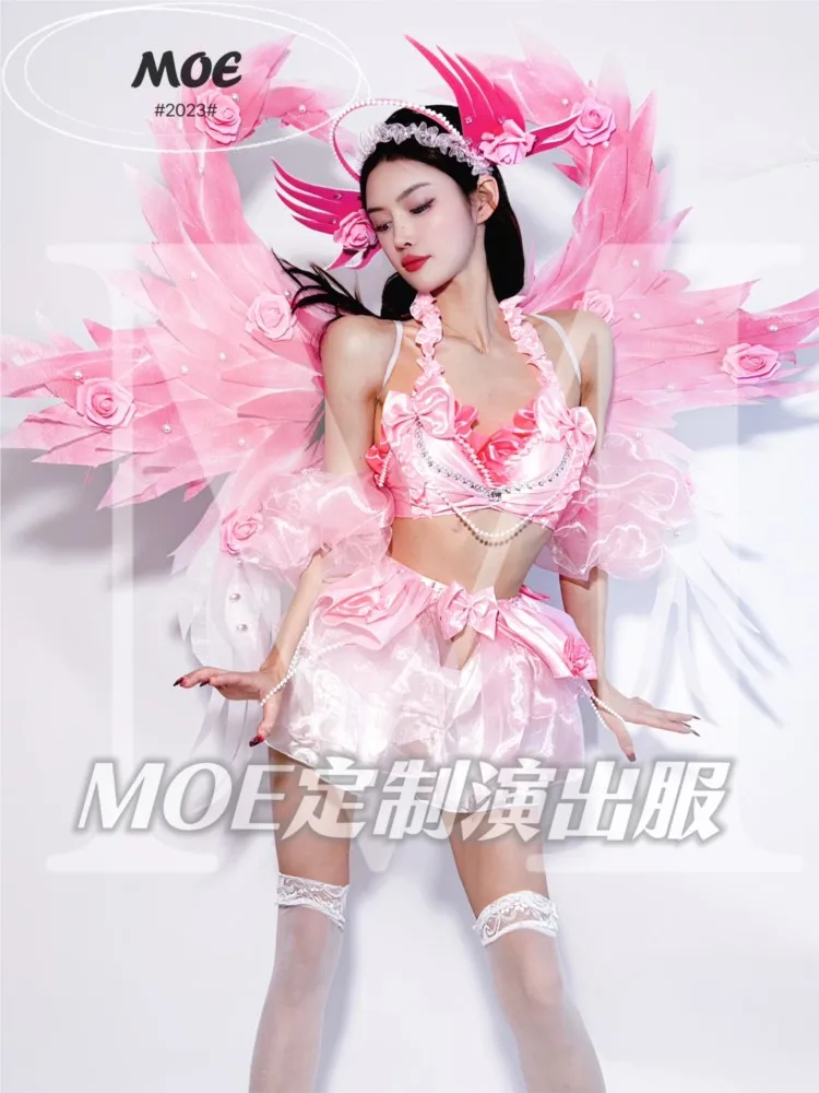 

New Bar Gogo Nightclub Ds Costume New Year Valentine's Day Pink Bow Wings Feather Performance Costume