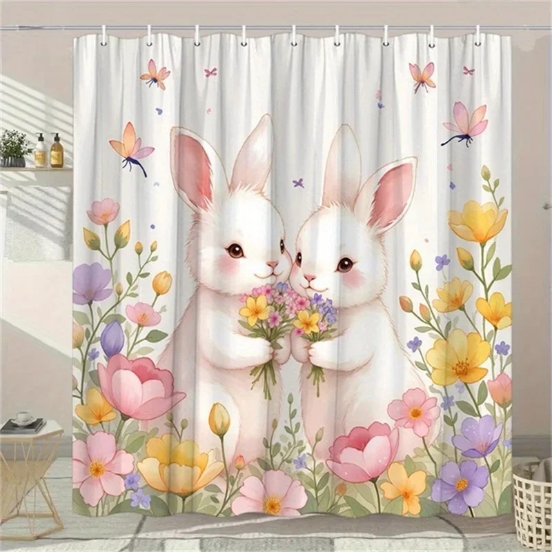~O~Cute White Rabbits Shower Curtain - Pink Noses & Flowers, Whimsical Design, Polyester, 70.8x70.8 Inches, Lush Garden Backgrou