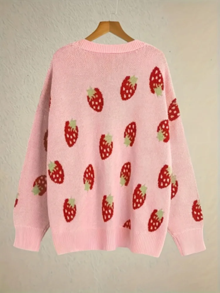 New Women\'s Sweater Coat Knitted Cardigan Pink Strawberries Loose Cover Up Comfortable Open Front Ladies Mid-long Sweaters