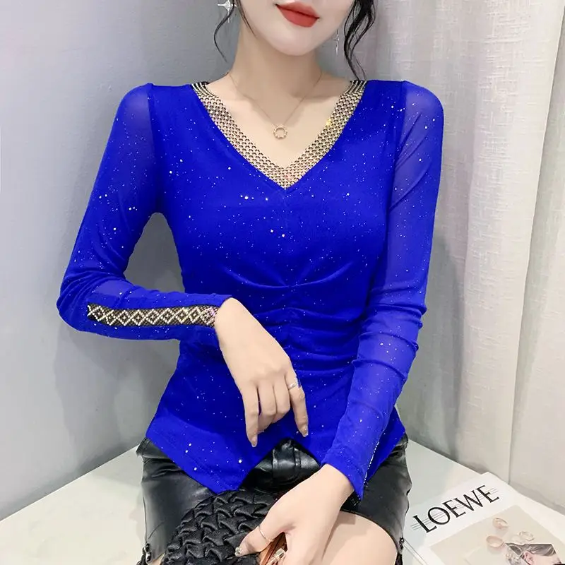 Spring Autumn Fashion Sequins Ruched Sexy V-Neck Hollow Mesh Rhinestone Slim Basic T Shirt Women Elegant Long Sleeve Ladies Tops