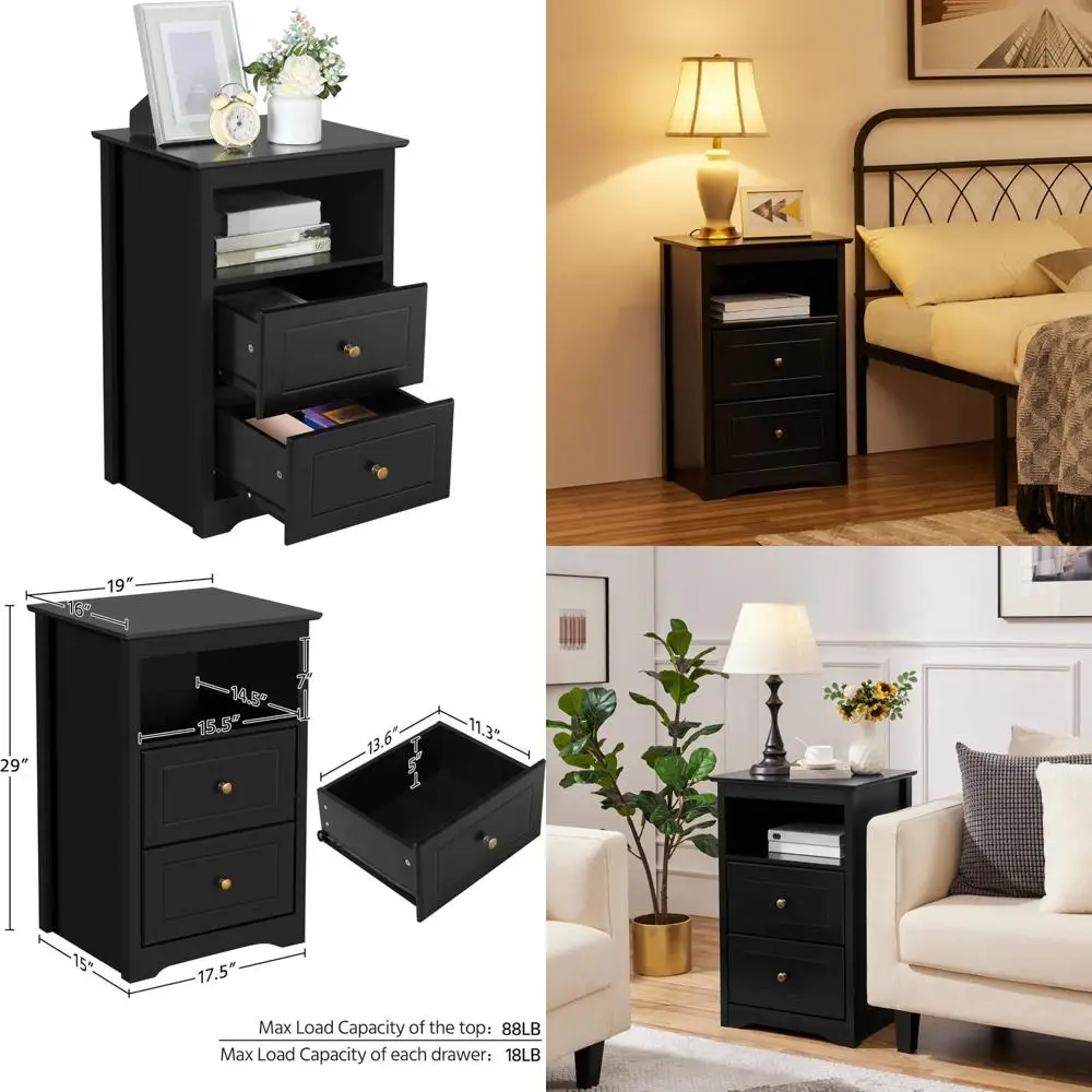 

two-drawer wooden nightstand with cubby, 29" high bedside storage cabinet