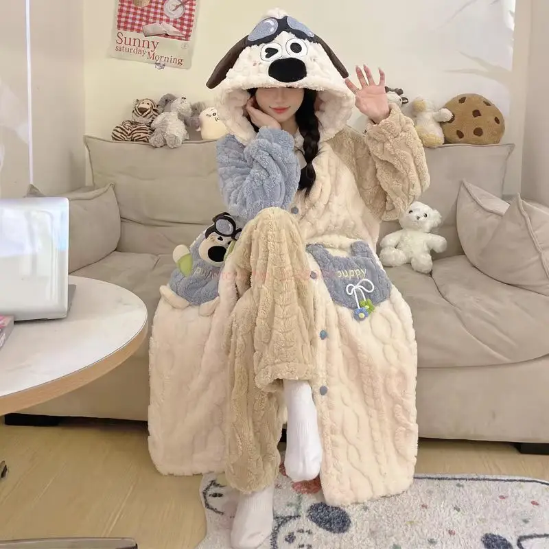 Tide Coral Fleece Nightgown For Women In Winter With Thickened Fleece, New Cute Flannel Set For Home Wear Autumn And Winter