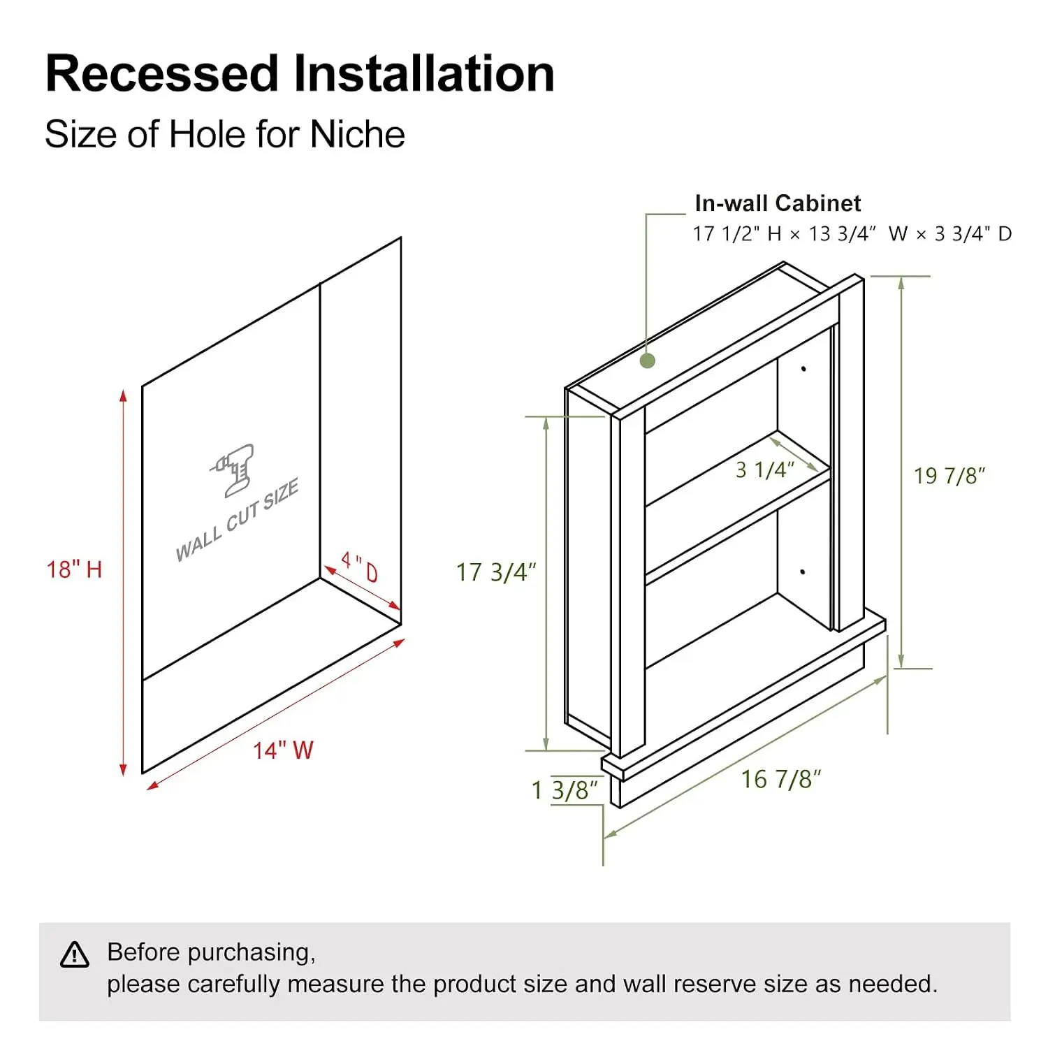 Recessed Medicine Cabinet for Bathroom & Bedroom,14x18 in Wall Niche with Storage,Drywall Insert,MDF,Assembled, Customized