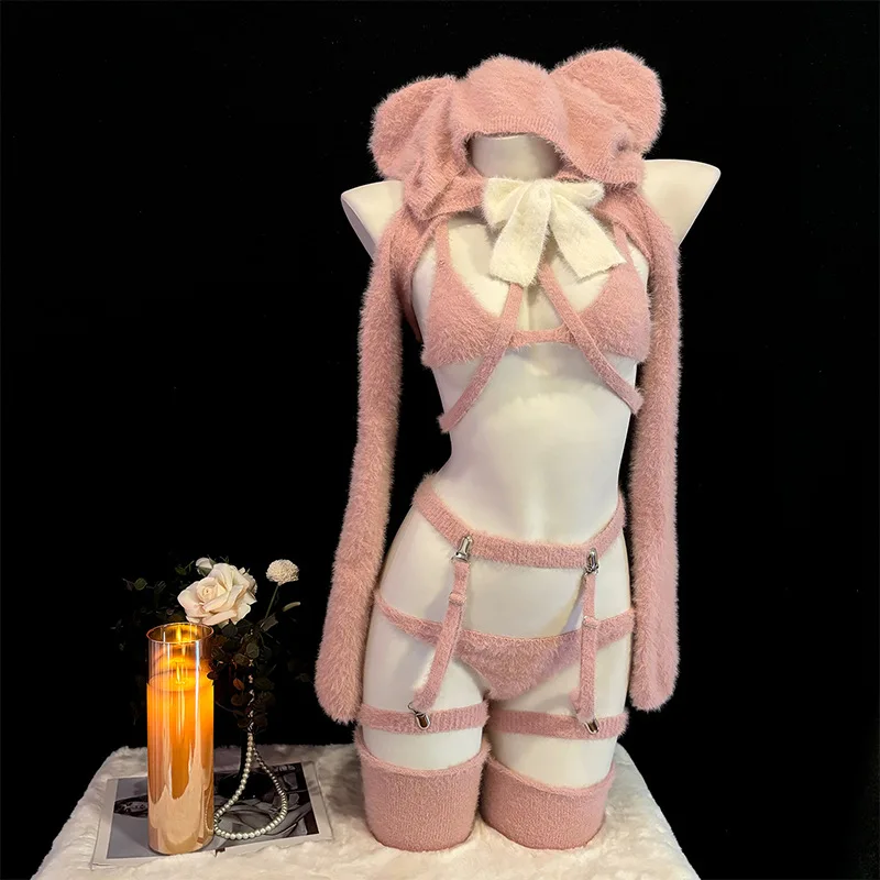 

Sexy Women Pink Bear Hooded Sweater Uniform Outfits Cute Mouse Clothes Cosplay Costume Stocking Knit Clothes Costume Set