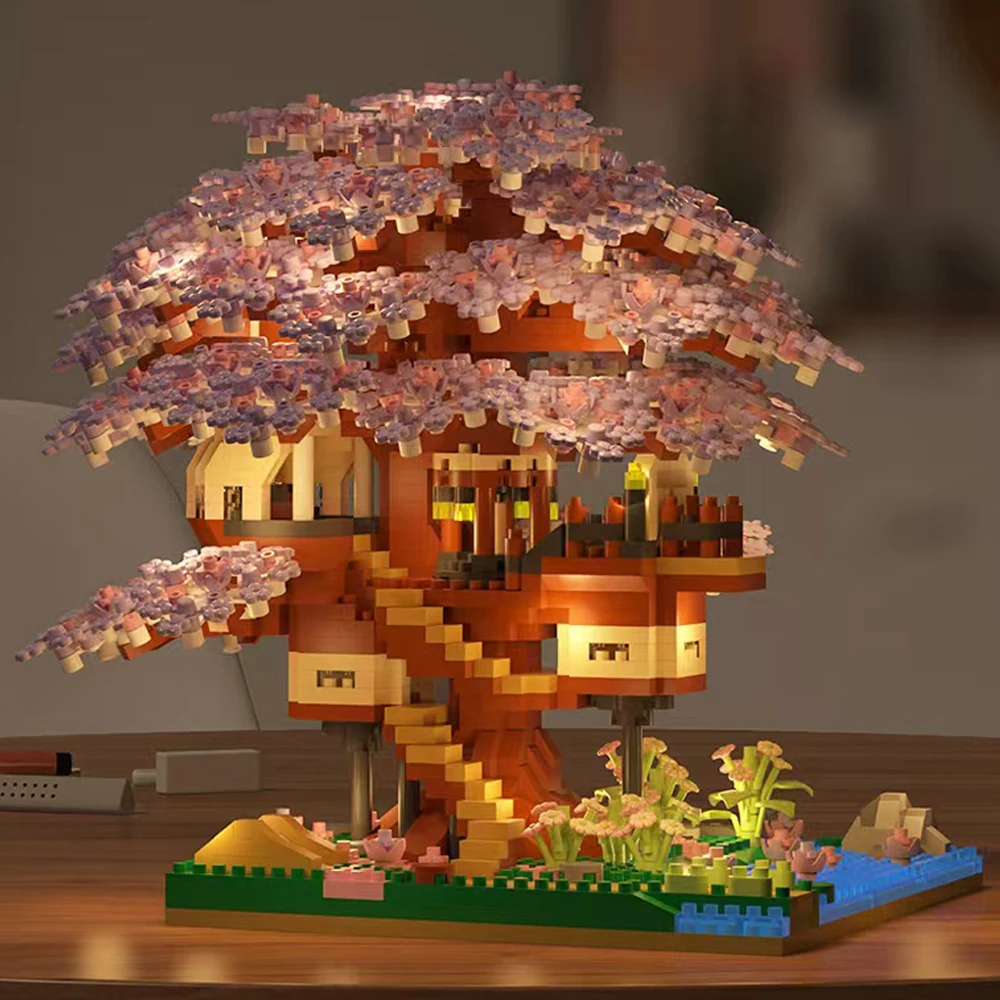 DIY Sakura Boom Bouwstenen Set Diy Kersenbloesem Bakstenen met Licht Boomhut Model Ornament Romantisch Cadeau voor vriendin