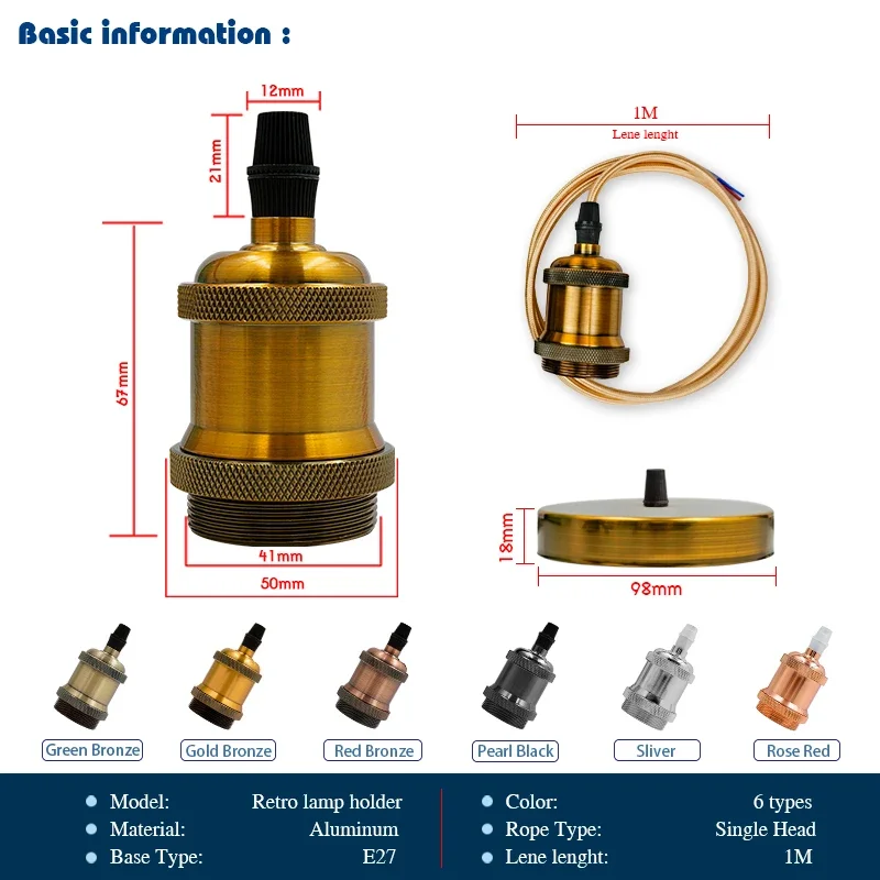 Edison Suporte de Lâmpada, Pendant Fitting Cap, Tomada de Lâmpada Vintage, E27 Base, E26, 110V, 220V, Retro LampHolder para Iluminação Interior