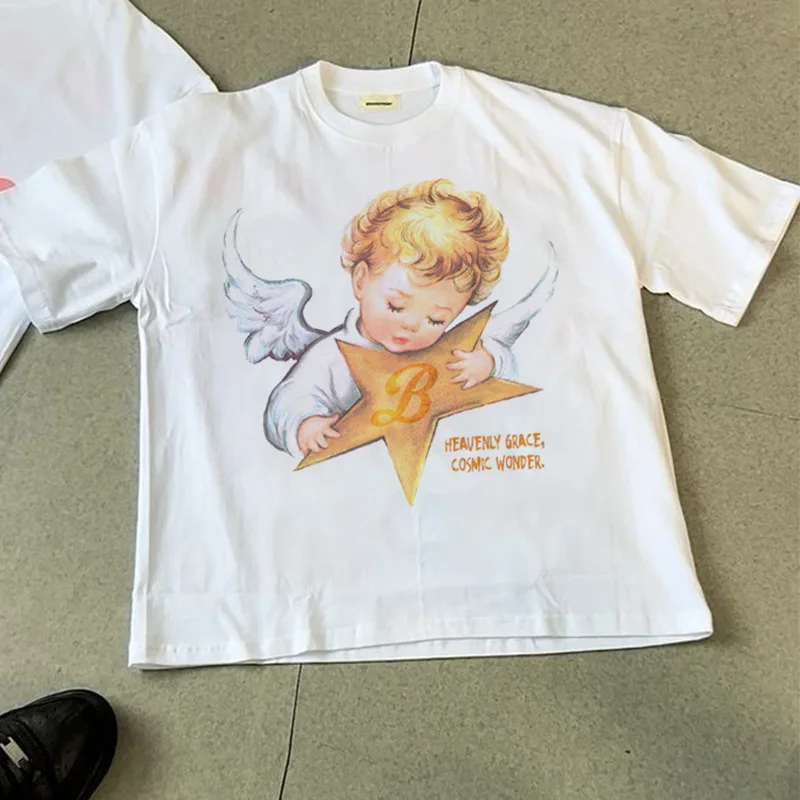 Women T-Shirt Oversized 100% Cotton Printing Angel Graphic Y2k Streetwear Tops Vintage Summer Short Sleeve Tees Korean Clothes