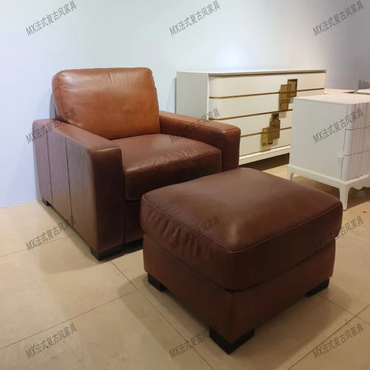 American Classic Oil-Wax Leather Sofa Chair, Vintage Style Cigar Bar Leisure Sofa, Mid-Century Whiskey Single Sofa