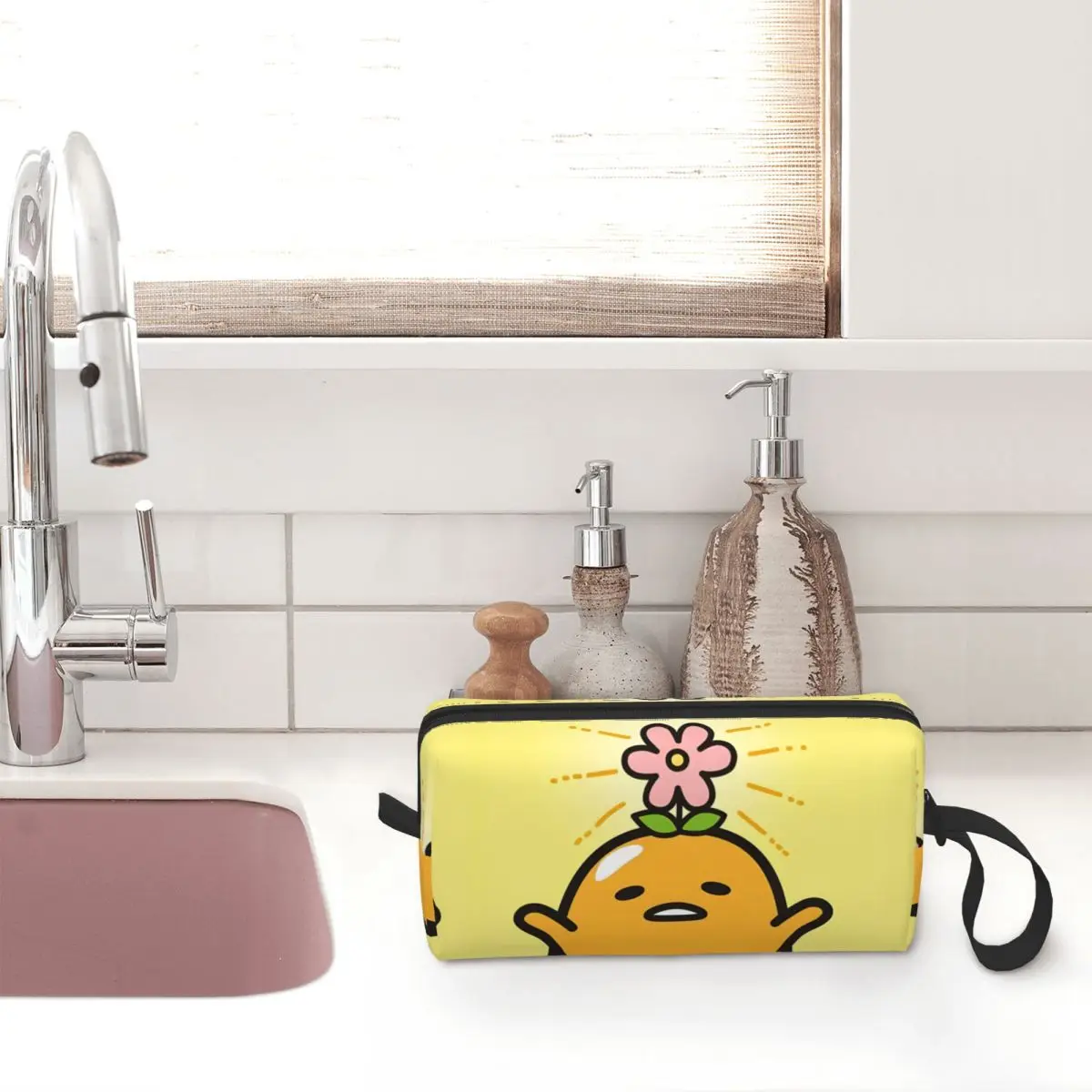 Gudetama Has Flowers On His Head Makeup Bag Pouch Zipper Cosmetic Bag Travel Toiletry Bag Organizer Storage Bag for Women