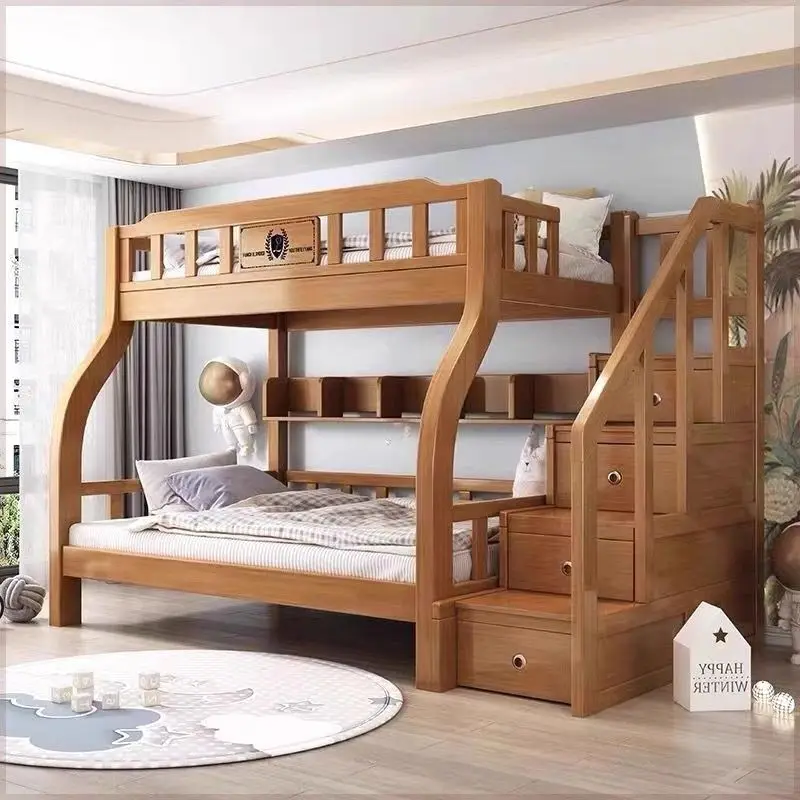 *Modern Solid Wood Kids Bunk Bed With Storage Stairs Drawers Bookshelf Children Bedroom Furniture Double Deck Bed Frame view 2