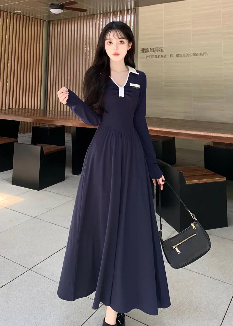 Elegant Cotton Long Dresses For Women 2023 Female Large Size 4XL Autumn Winter Loose V Neck Long Sleeve Pleat Dark Blue Vestidos