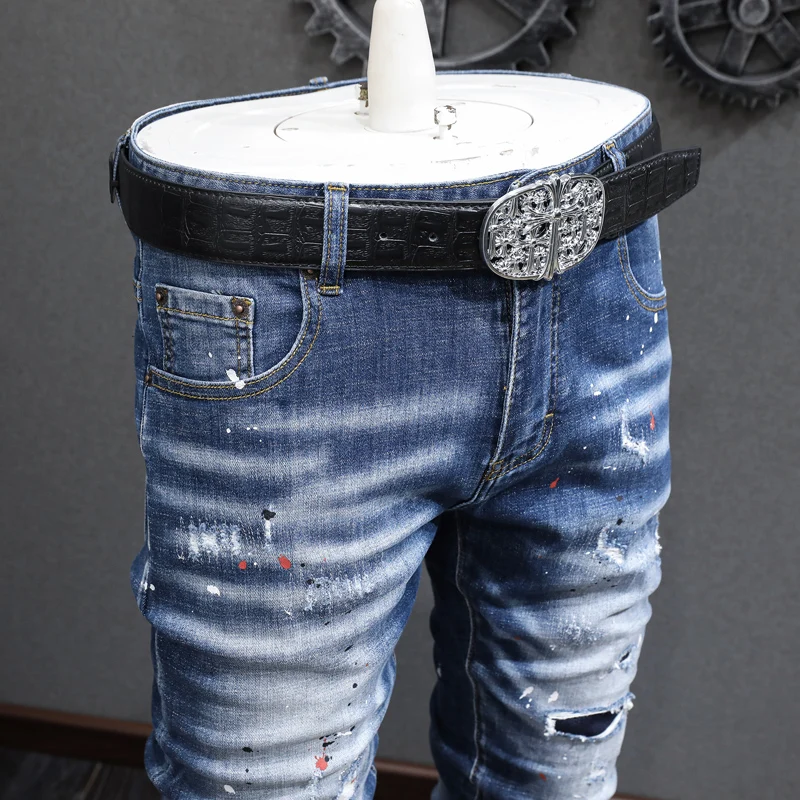 Fashion Designer Men Jeans Retro Blue Elastic Stretch Slim Fit Ripped Jeans Men Streetwear Painted Vintage Denim Pants Hombre