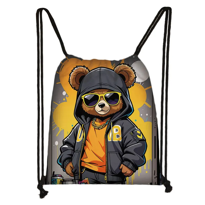 Kawaii Graffiti Bear Print Drawstring Bag Men Fashion Storage Bags Teenager Boys Girls Hip Hop Backpack Travel Bookbag Gift