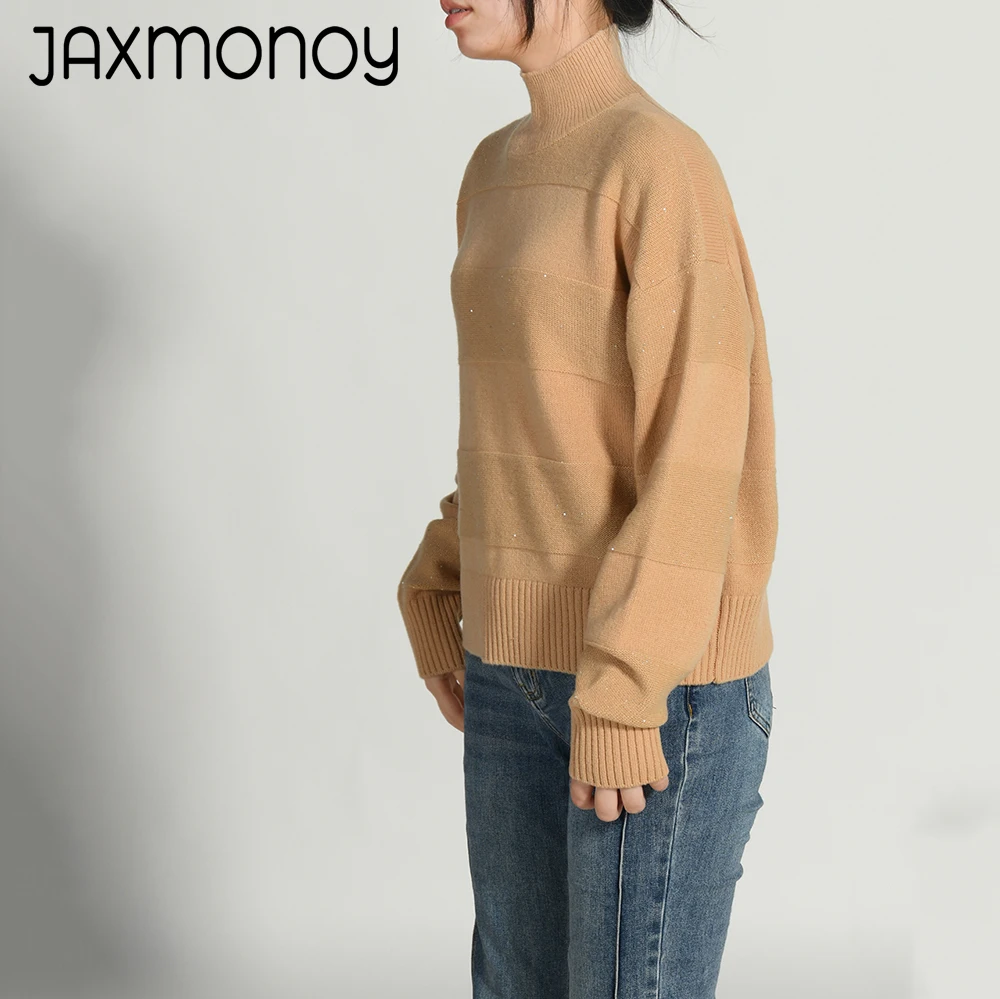 Jaxmonoy Women's Wool Sweater Soft Knitted Tops Ladies Fall Fahion Sequin Pullovers Spring Turtleneck Knitwear 2024 New Arrival