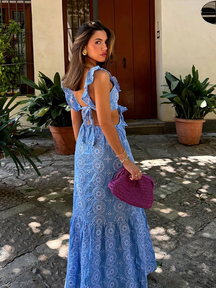 Summer Hollow Out Embroidery Maxi Dress For Women Sexy Sleeveless Backless  Ruffle Long Beach Dress 2024 Holiday Lady Party Robe - AliExpress 200000345