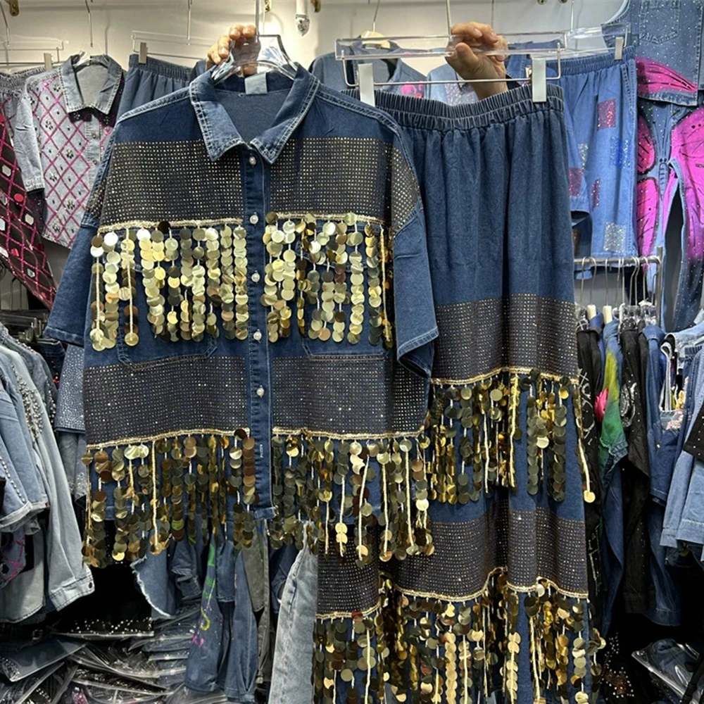 

Heavy-duty hot diamond sequin denim shirt top + elastic waist skirt two-piece set-GZTZ059