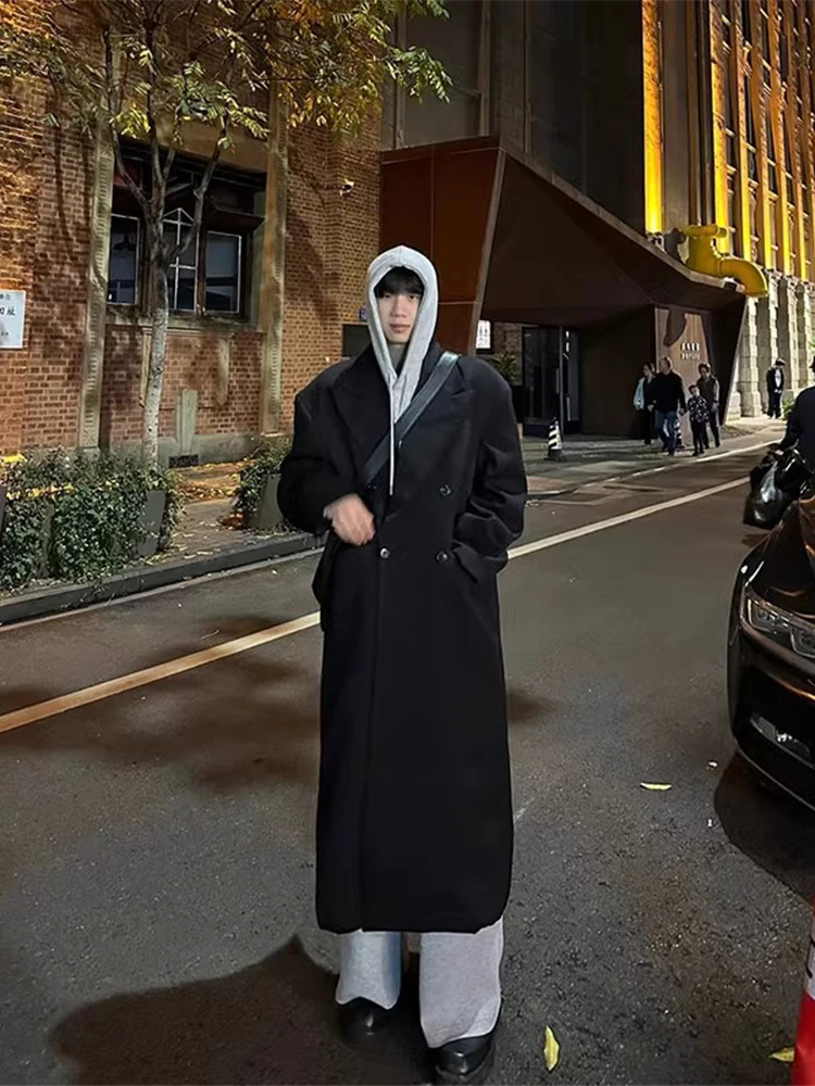 

Bla Woolen Coat Men's Mid-Length Autumn Winter Thiened Loose Knee-Length Suit Long Windbreaker Korean Sle Tweed Jaet