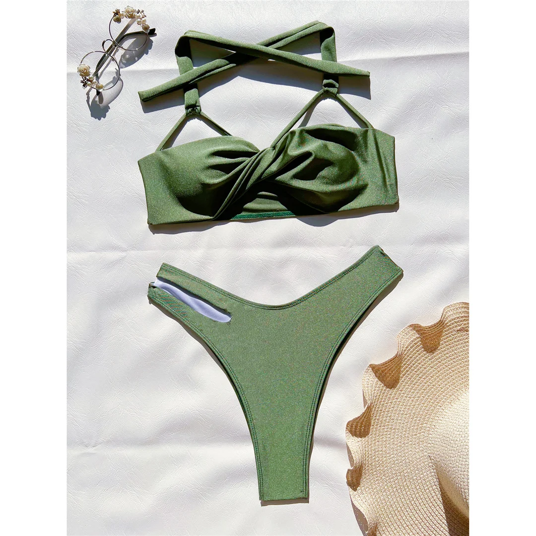 S - XL Sexy Neckholder-Bikini mit Falten, brasilianischer Stil, Damen-Badeanzug, zweiteiliges Bikini-Set, Badebekleidung, Badeanzug, Modell V5571 – Detail 9