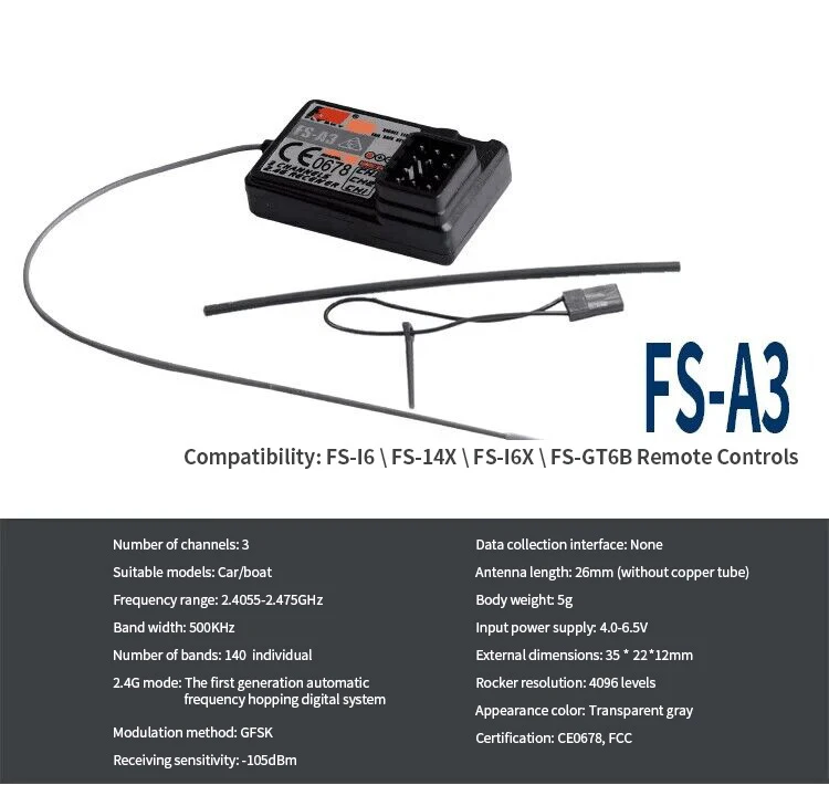 Flysky 2.4G Flysky FS-A3 pilot do łodzi samochodowej 3-kanałowy odbiornik do zdalnie sterowanej samochód
