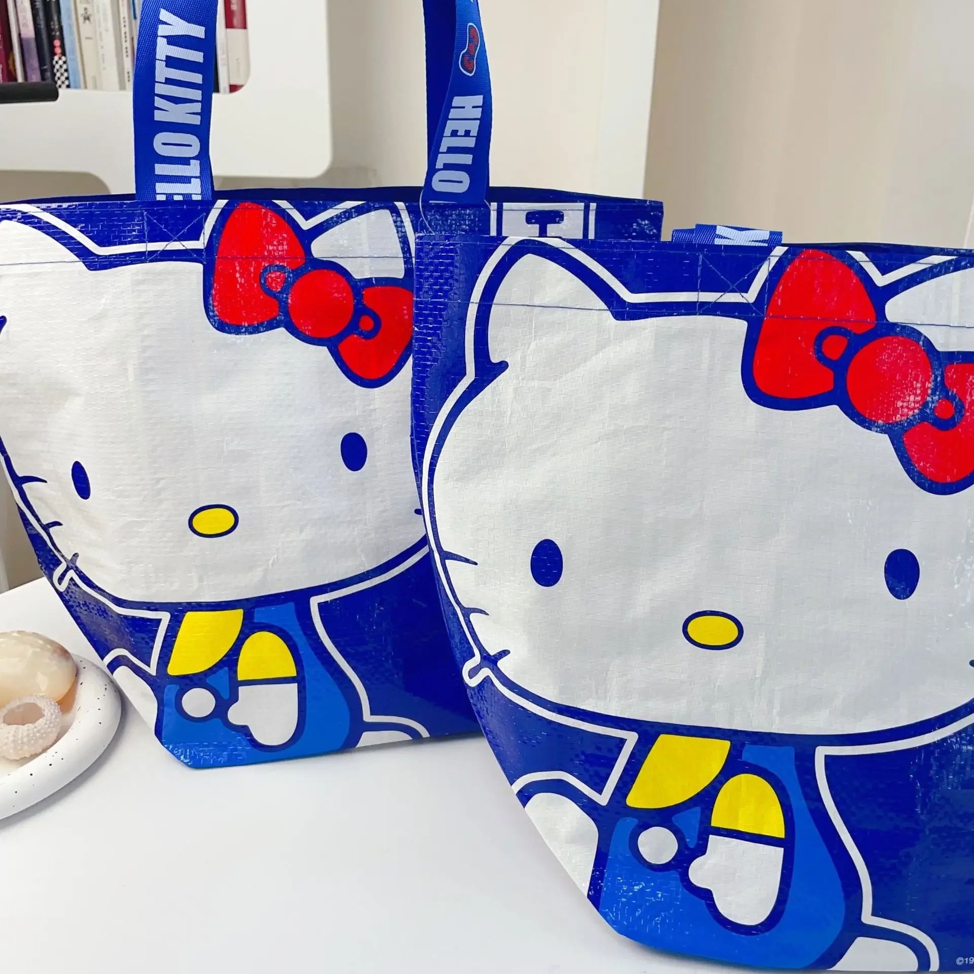 Hello Kitty Women\'s Handbags Cartoon Sanrio Pattern Large Capacity Shopping Bag Kawaii Blue Kitty Shoulder Bags for Girls