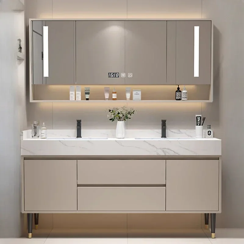 

Nordic Luxury Rock Plate Bathroom Cabinets Wall-mounted Storage Vanity Smart Mirror Cabinets Simple Furniture Arredo Bagno FYBC