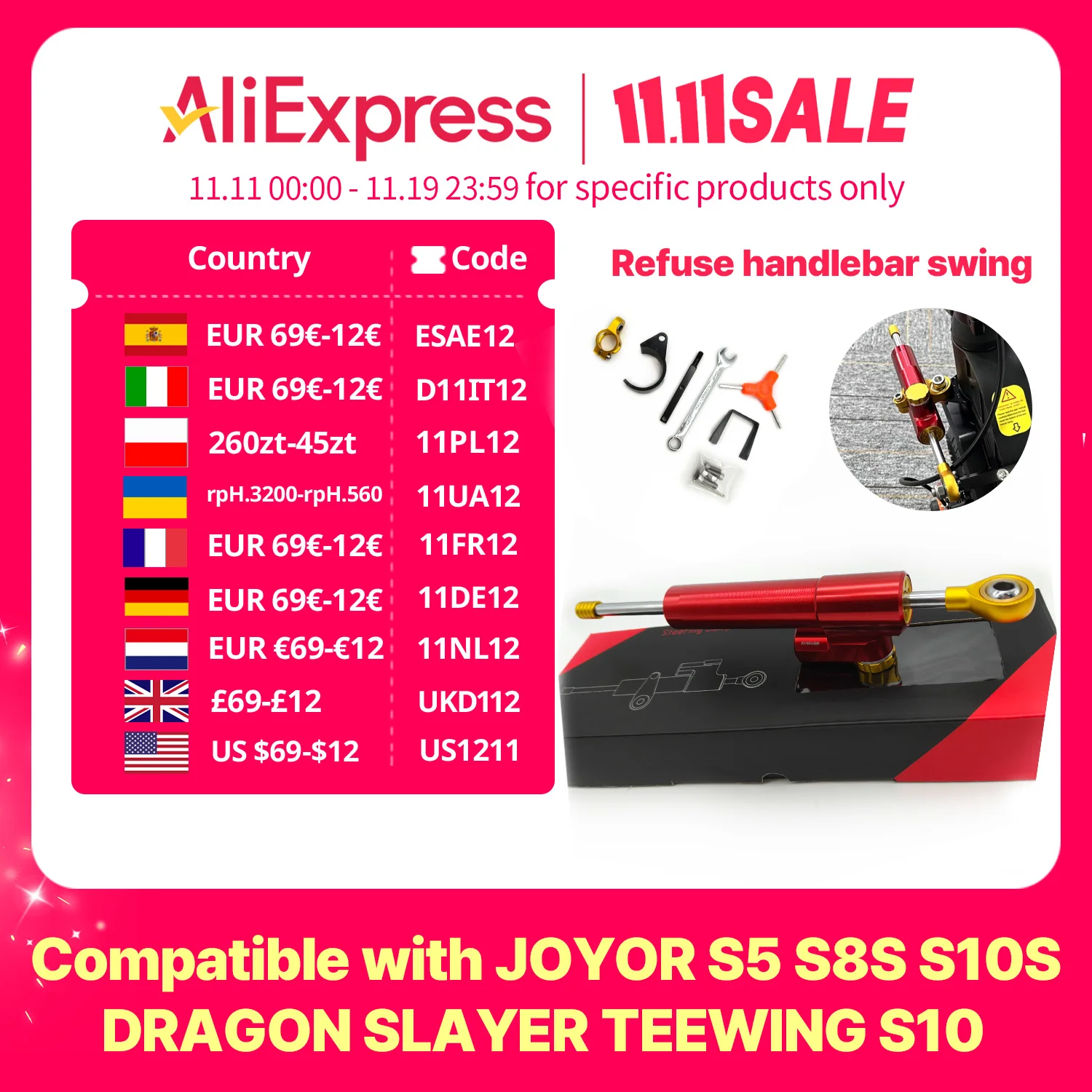 

Steering Damper Refuse Death Wobble handlebar swing for JOYOR scooter JOYOR S5 S8S S10S DRAGON SLAYER TEEWING S10