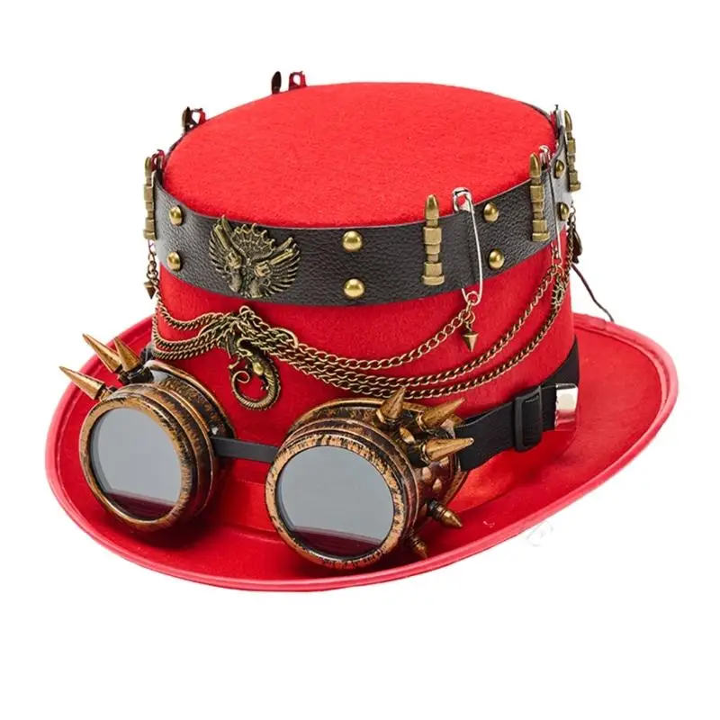 R7UF Gothic Hat Coser Metal Chain Rivets Dark Mechanical Design For Themed Parties Cosplay Photo Props