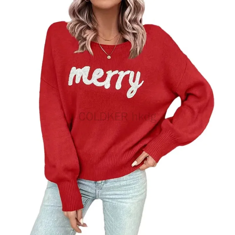 Winter Women 2024 Merry Christmas Sweater Red Green Round Neck Oversized Sweaters Casual Long Batwing Sleeve Xmas Pullover Tops