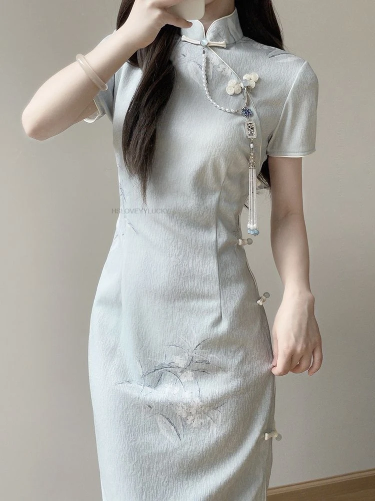

Elegant Lady Daily Printing Cheongsam Chinese Style Improved Retro Trendy Qipao Classical Literature Art Temperament Dress