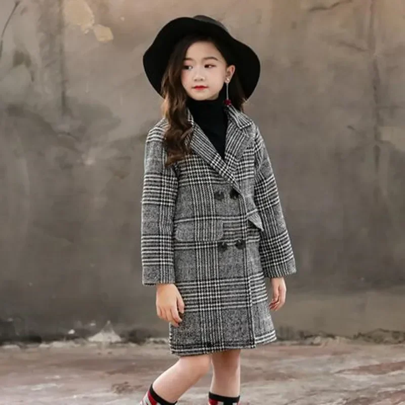 Children Jacket for Girls Autumn Winter Wool Overcoat Fashion Girls Clothes Plaid Kids Outerwear Girls Long Coat 4 6 8 10 12 Yrs