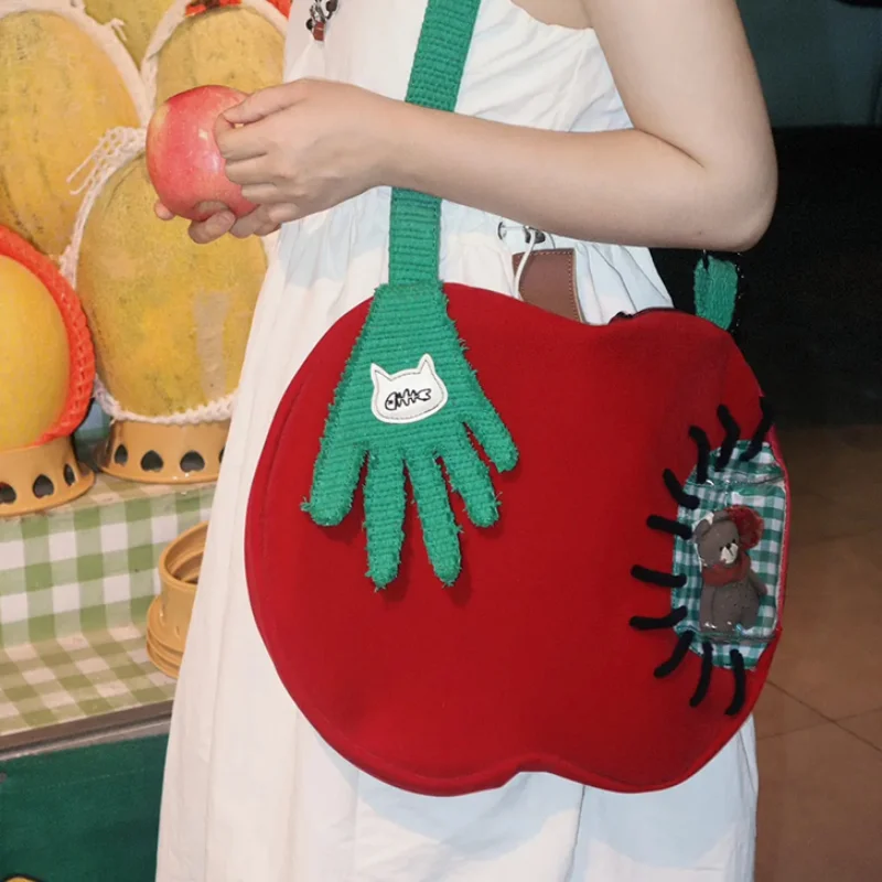 Cute Apple Shape Crossbody Bag Unique Design Handmade Shoulder Bag With Green Hand Decor Transparent Window Pocket Funny Handbag