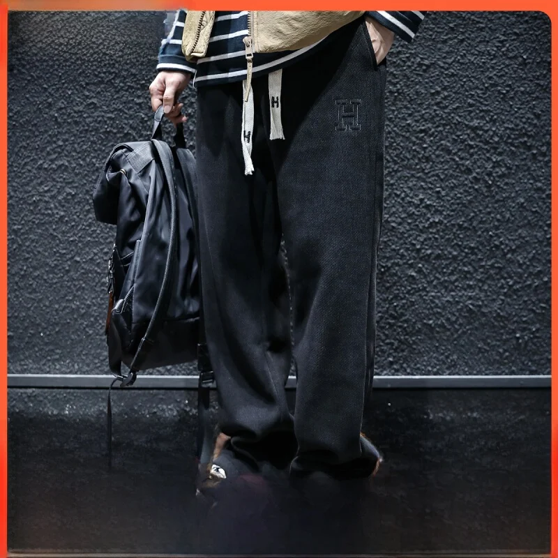 

Мужские свободные прямые повседневные брюки на флисовой подкладке для зимы, спортивные широкие брюки с завышенной талией, базовый цвет