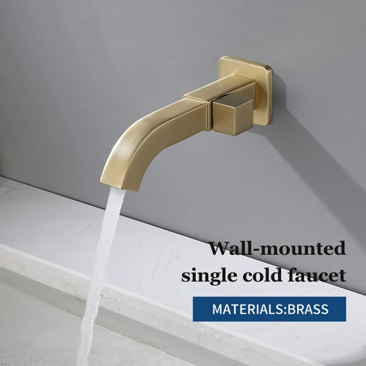 Wall-Mounted Single Cold Brass Square Tube Faucet Brushed Gold Brass Single Cold Concealed Wash Basin Faucet