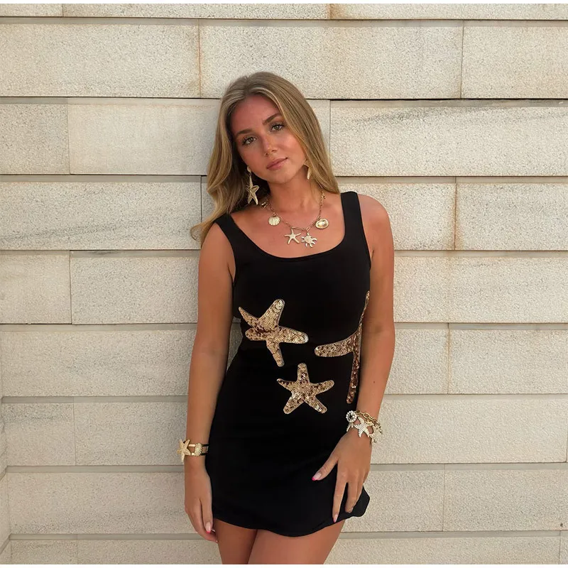 Sparkling Sequined สายคล้องสตรีถักชุดมินิ Elegant Shiny แขนกุด Bodycon Holiday Dresses Beach Party Vestido