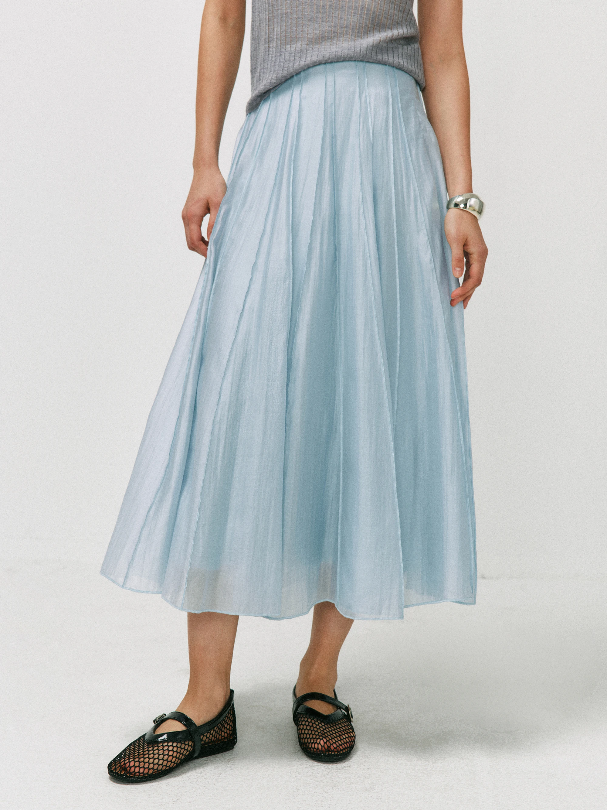 Elegant Long A-Line Half Skirt Multi-Piece Cut Lightweight Draping Pearl Lurex Rayon Women's Mid-Waist Skin-Friendly Breathable