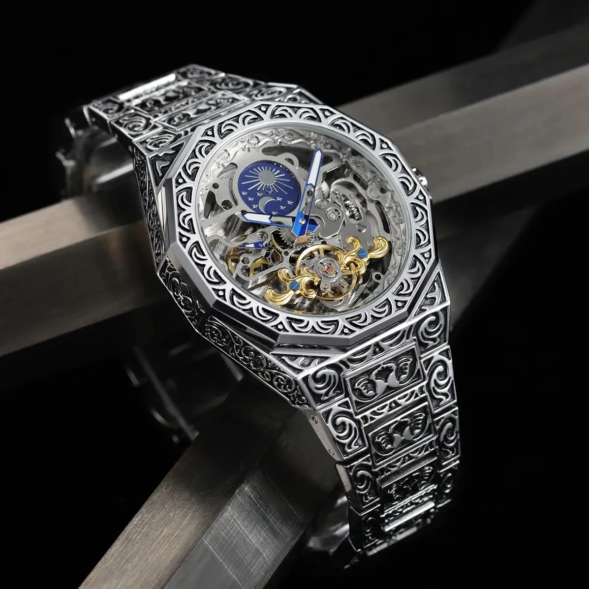 Forsining luxo tourbillon esqueleto relógios mecânicos fase da lua ouro relógio automático para homem gravado pulseira de aço inoxidável