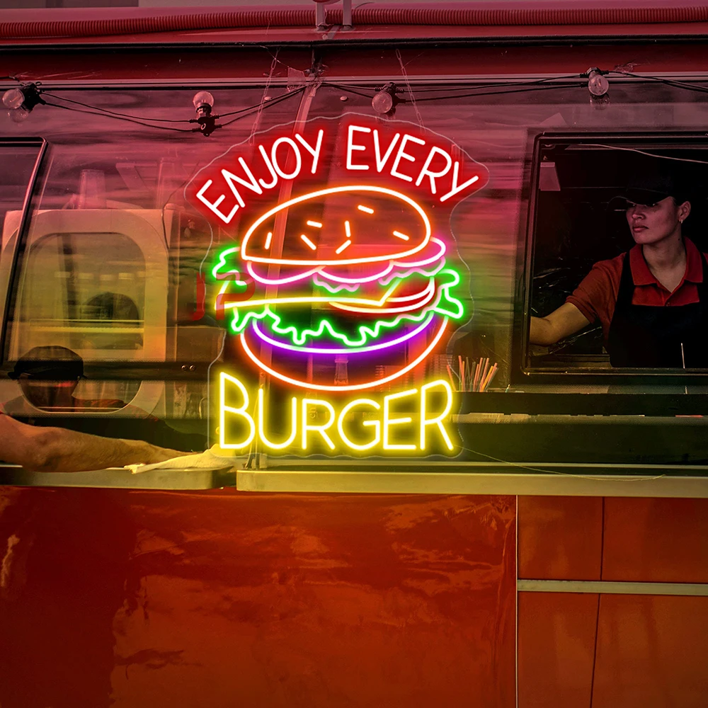 Burger Neon Sign Custom Aproveite cada hambúrguer, LED Neon Light, Restaurante Home Wall Decor, Fast Food, Abertura de Hamburger Bar