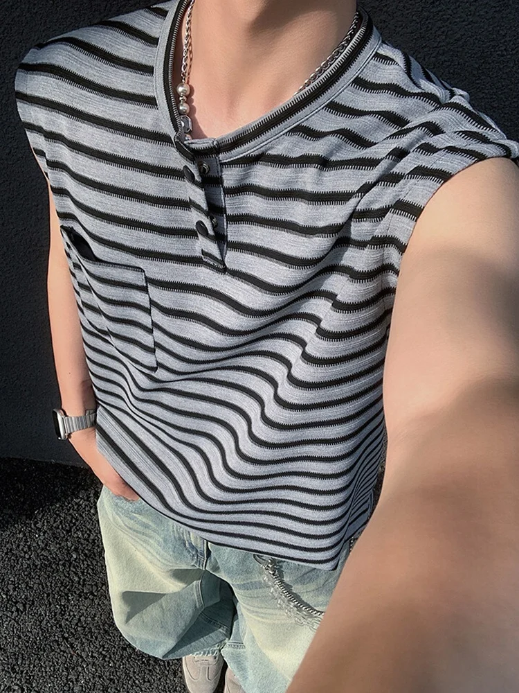 

American Henry Collar Striped Vest Men Summer Trendy High Street oulder Thin No Sve Top Youth Faion Cotton Polyester B...
