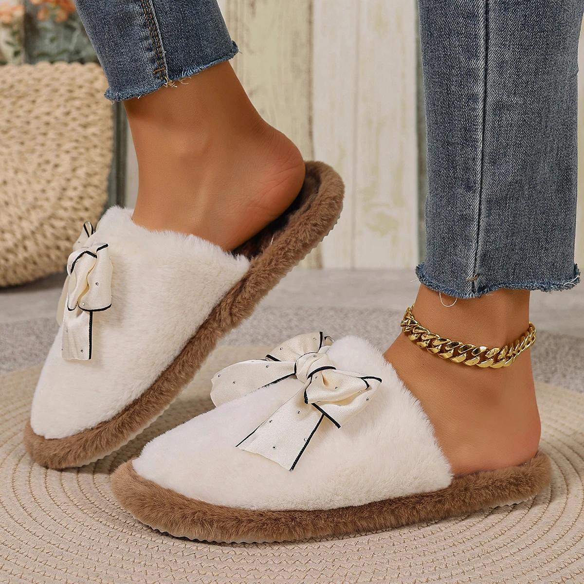 Women Bow Decor Furry Mule Slippers Closed Toe Warm Plush Home Slippers Soft Non Slip Indoor House Slippers