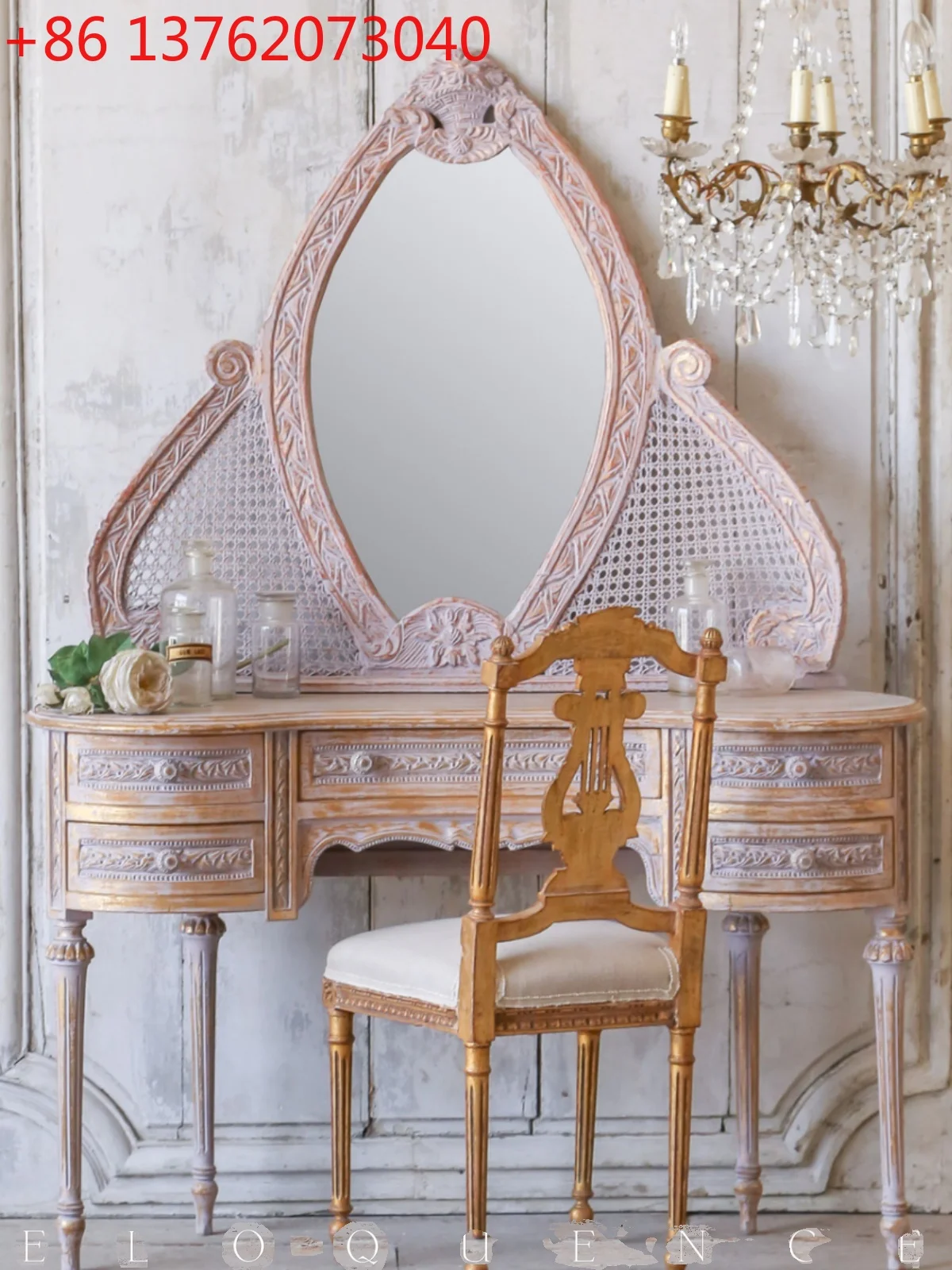 

European French dressing table Solid wood retro nostalgic rattan art log Roman column makeup table