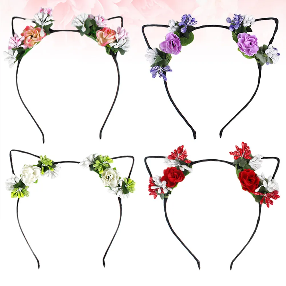 

Набор из 4 повязок на голову с кошачьими ушками для женщин, с цветочными и ягодными элементами, модный аксессуар для костюмированных вечеринок, универсальный размер, головной убор для большинства.