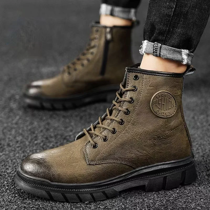 

Men New Real Leather Lace Up Ankle Work Boots Autumn Winter Low Heel Round Toe Plush Keep Warm Motorcycle Boots Cotton Boots
