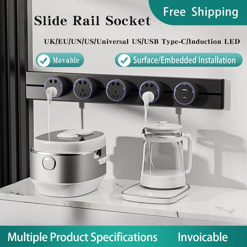 

Universal Power Track Rail Socket UK/EU/UN/US Wall Mounted/Embedded Slide Rail Socket with USB Type-C for Kitchen Bathroom