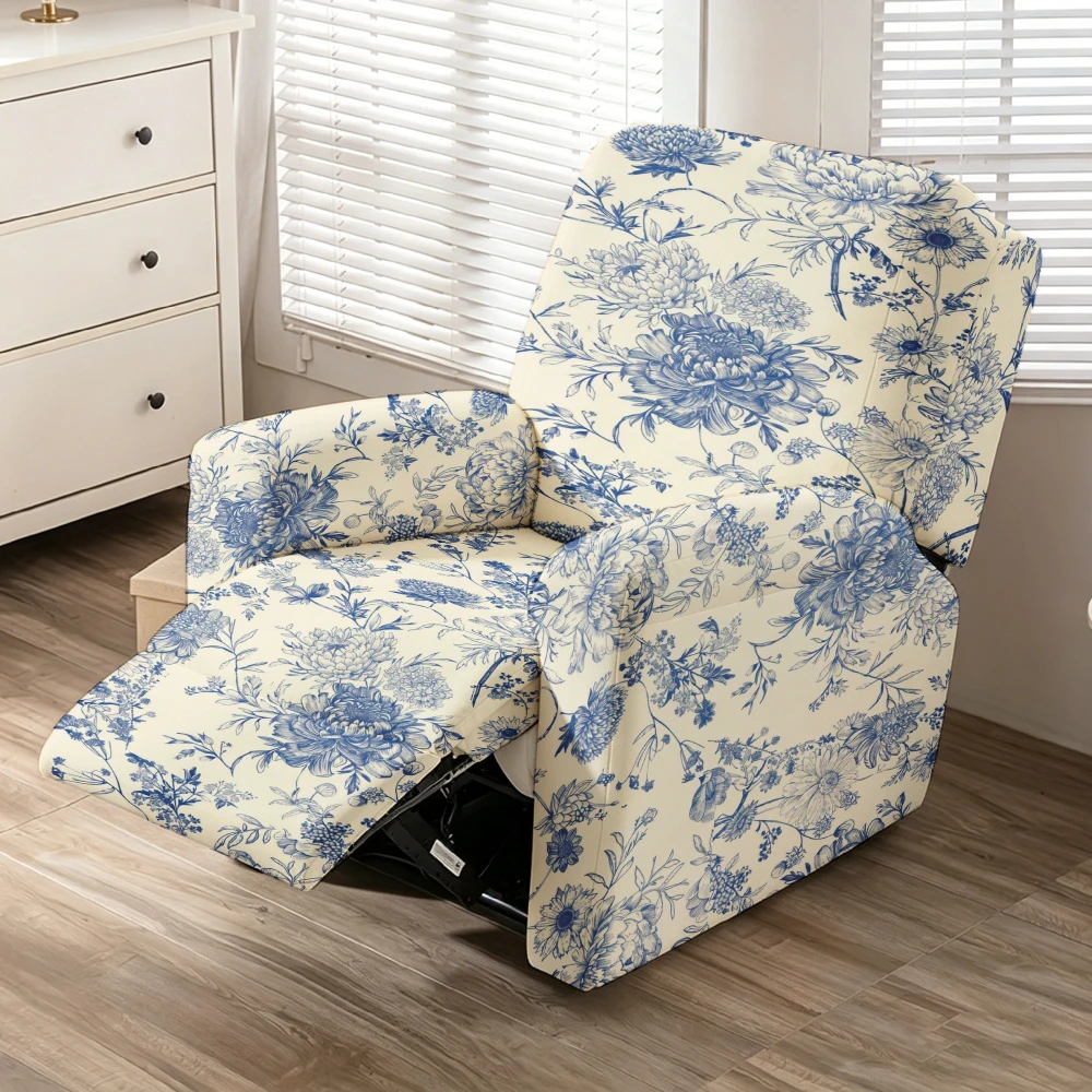 Blue Porcelain Blue Peony Flower Printed Elastic Lounge Chair Cover, Detachable and Washable Protective Cover, Easy to Install